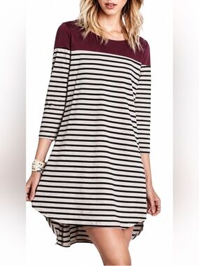 Umgee Striped Colorblock Swing Tunic Dress Boho Cottagecore Babydoll Small